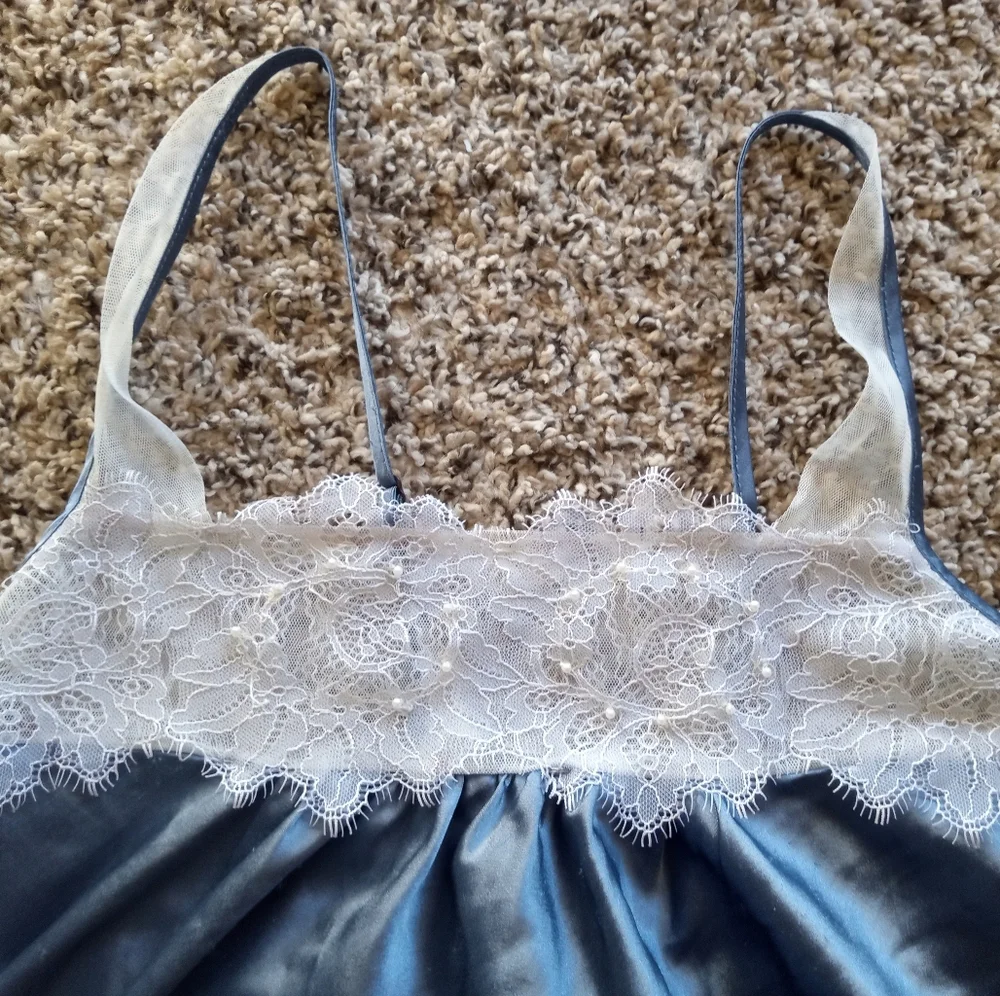 Anthropologie Floral Nikrooz Pearl Lace Slip Vintage Blue Size Medium - Picture 3 of 9